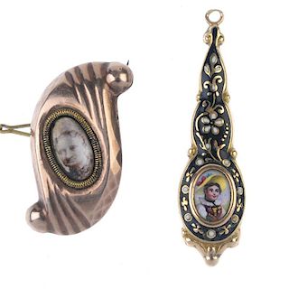 Two items of mid 19th century jewellery. The first of pear-drop shape and decorated in black and whi
