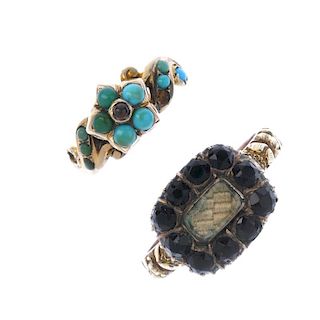 Two mid to late Victorian gold gem-set memorial rings. To include a 9ct gold turquoise and brown gem