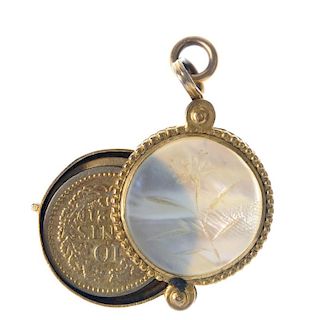 Three items of late 19th to early 20th century jewellery. To include an oval-shape locket, with engr