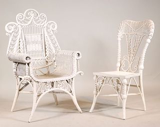 Two Vintage White Painted Wicker Chairs