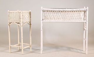 Two White Painted Wicker Plant Stands