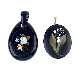 Two pietra dura pendants. To include a late 19th century pietra dura and jet pendant and pietra dura