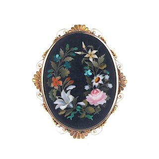 A late 19th century pietra dura brooch. The replacement oval-shape floral pietra dura panel, within