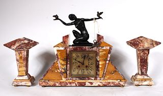 Cast Bronze & Marble Three-Piece Clock Garniture