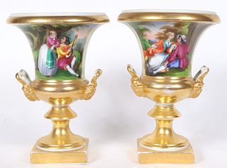 Pair of Painted Parcel Gilt Paris Porcelain Urns