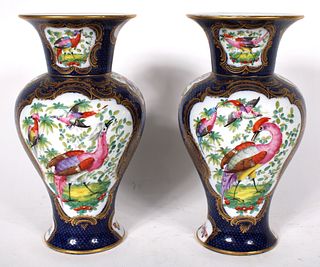 Pair of Old Worcester Painted Parcel-Gilt Vases