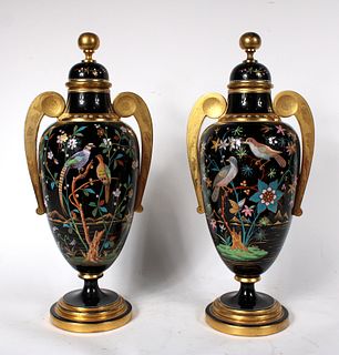 Pair of Neoclassical Style Decorated Glass Urns