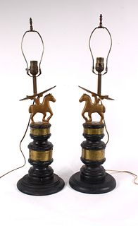 Pair of Folk Art Style Brass and Wood Lamps