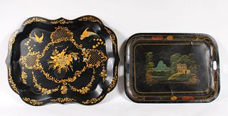 Two Vintage Black Painted Tole Trays