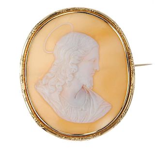 A shell cameo brooch depicting Jesus Christ. The shell cameo depicting Jesus with a halo positioned