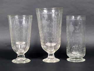 Three Similar Etched Glass Candle Holders