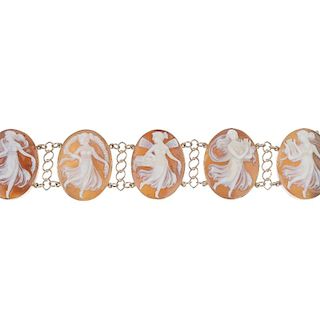 A 9ct gold cameo bracelet. The five cameos carved as the three graces in differing forms, with spira