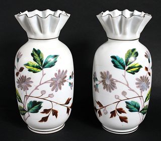 Pair of White Glass Hand Painted Vases