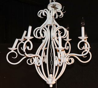 White Painted Metal Eight Light Chandelier 