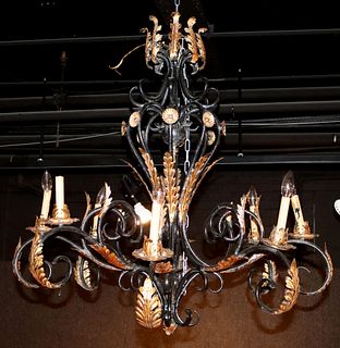 Black & Gold Painted Metal Eight Light Chandelier