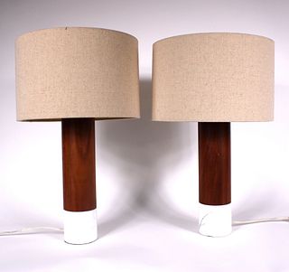 Pair of Modern Marble & Walnut Baton Table Lamps