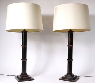 Pair of Modern Dark Stained Wood Table Lamps