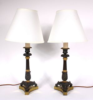 Pair of Gilt and Patinated Metal Table Lamps