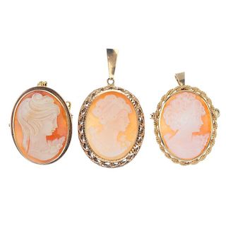 A selection of cameo jewellery. To include a cameo pendant, the rope-twist surround to the plain sur
