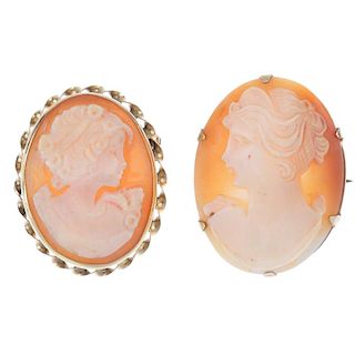 A selection of 9ct gold cameo jewellery. All of the shell cameos carved to depict a lady in profile,