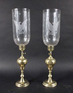 Pair of Brass Lamps with Eagle Decorated Shades