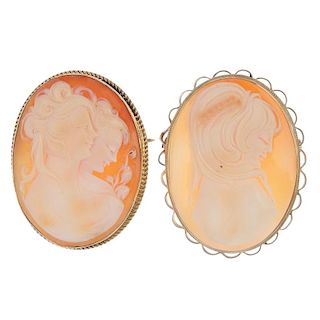 Two 9ct gold cameo brooches. Both of oval outline, the first depicting two ladies in profile, to the