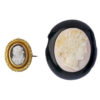 Two cameo brooches. The first designed as a profile of a lady, possibly Mary Queen of Scots, to the