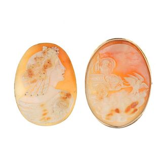 A selection of cameo jewellery. To include an oval brooch, the shell carving depicting a man riding
