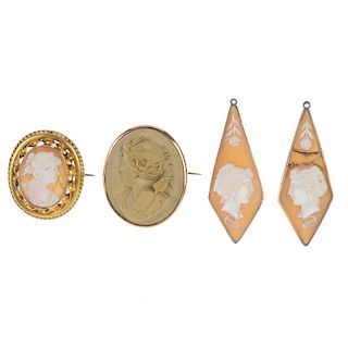 A selection of cameo jewellery. To include a lava cameo brooch, two shell cameo brooches, a hardston