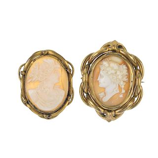 A selection of cameo jewellery. To include a pendant of oval outline, the cameo depicting the three