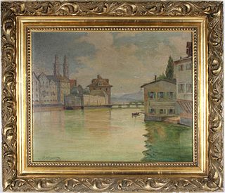 R. Albright, Oil on Board, View of Zurich