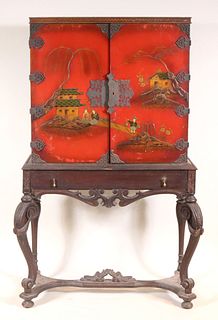 Chinoiserie Style Parcel-Gilt Red-Lacquer Cabinet