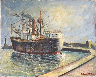 Oil on Canvas, Ship in Harbor, Fernand Laval