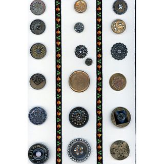A CARD OF ASSORTED METAL BUTTONS INCLUDING STEEL CUPS