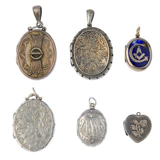A selection of late Victorian lockets. To include two oval-shape lockets with scroll and floral engr