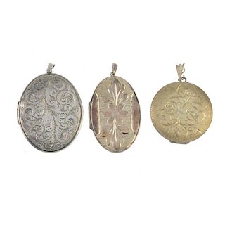 A selection of silver and white metal lockets. To include one designed as a pig's face, others of re
