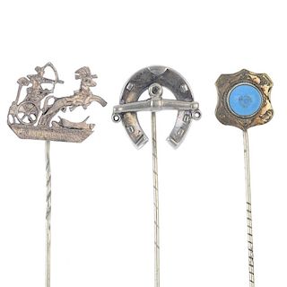 A selection of silver and metal stickpins. To include four late 19th century horse-shoe stickpins, a