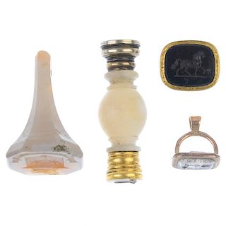 A selection of late 19th century seals and fobs. To include a tapered agate seal, a mother-of-pearl