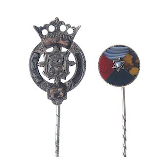 Two late 19th century Scottish agate stickpins. To include a 9ct gold hardstone panel with seed pear