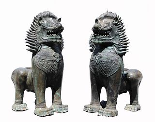 Monumental Antique Bronze Tibetan Foo Lions