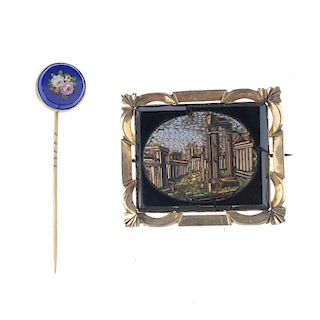 <p>A selection of three items of micro mosaic jewellery. To include a rectangular-shape brooch depic