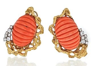 18K GOLD CARVED CORAL CLIP ON DIAMOND EARRINGS