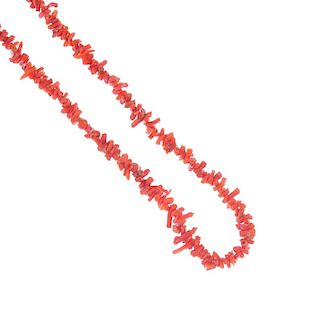 A selection of coral jewellery. To include three coral bead necklaces, a branch coral necklace, two