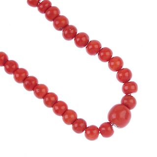 A selection of loose coral beads. Comprising a variety of 207 spherical, barrel and faceted coral be