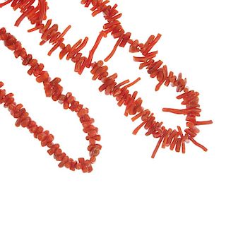 Two branch coral necklaces. Coral untested. Lengths 40 and 59cms. Weight 65.1gms. <br><br>Overall co
