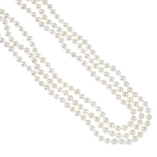 A selection of three cultured pearl necklaces. To include a freshwater cultured pearl three-row neck