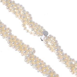 Two cultured pearl necklace and bracelet sets. The necklaces designed as five rows of cultured pearl