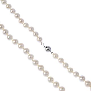 Four cultured pearl necklaces. To include three long-length pink cultured pearl necklaces, the pearl