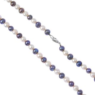 A selection of cultured pearl jewellery. To include a three row cultured pearl bracelet, to the slid