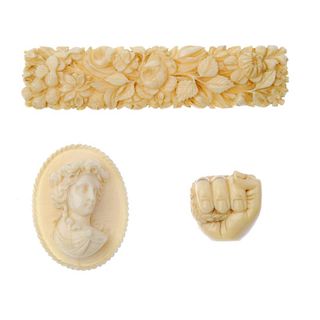 A selection of late 19th to early 20th century carved ivory jewellery and panels. To include a recta